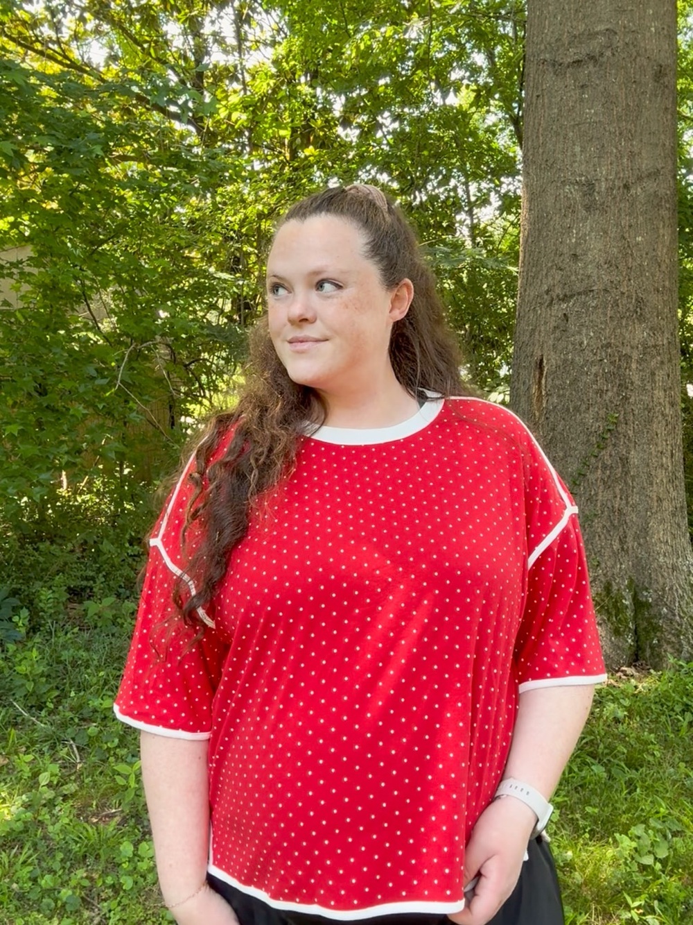 Red Polka Dot Short Sleeve Tee with White Trim - Women's Relaxed Fit